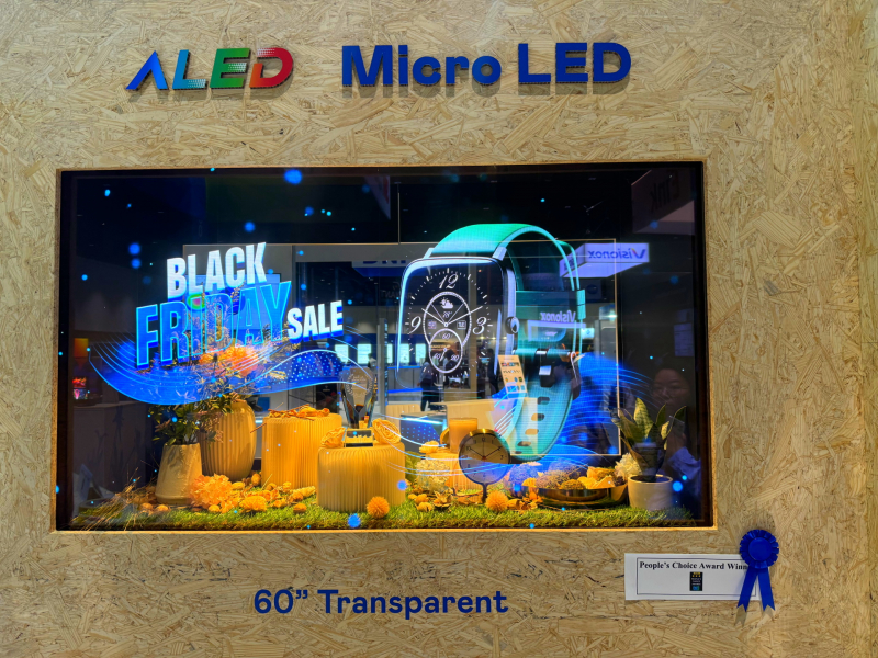米兰体育60吋高透明度Micro LED显示器获&rdquo;最佳Micro LED技术应用奖&rdquo;，将Micro LED面板透明化之设计特性极致发挥，以可扩展性无缝拼接技术打造，具备600 nits全画面亮度、大于60%穿透率及超过NTSC 110%的优异广色域表现，可依需求灵活应用于各种场域